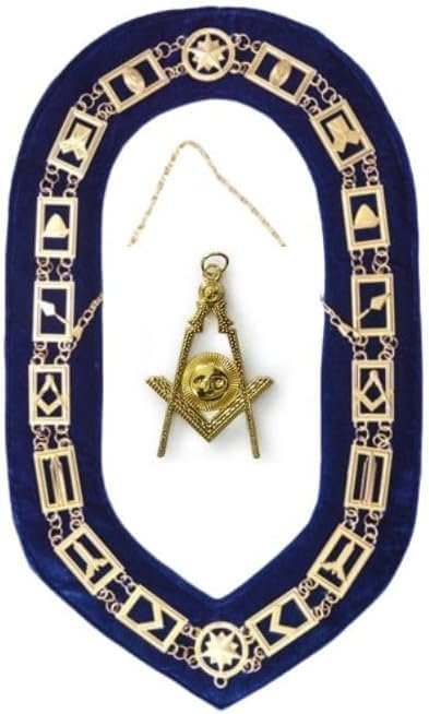 Masonic Blue Lodge Officer Chain Collar with Gold Regalia Past Master Jewel – Non-Slip Chain, Navy Blue Backing, Senior Deacon Golden Jewel