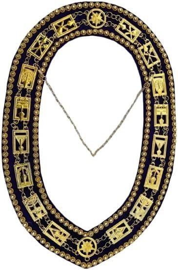 Masonic Regalia Cryptic Mason Royal & Select Master Chain Collar Rhinestones – Purple Backing Golden Chain & Rhinestones