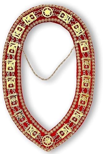 Masonic Regalia Gold Plated Shriner Chain Collar Red Velvet Golden Rhinestones, Shriner Regalia Collar