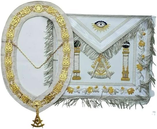 Masonic Regalia Apron Hand Bullion Embroidered Past Master Collar Chain White, Free Size