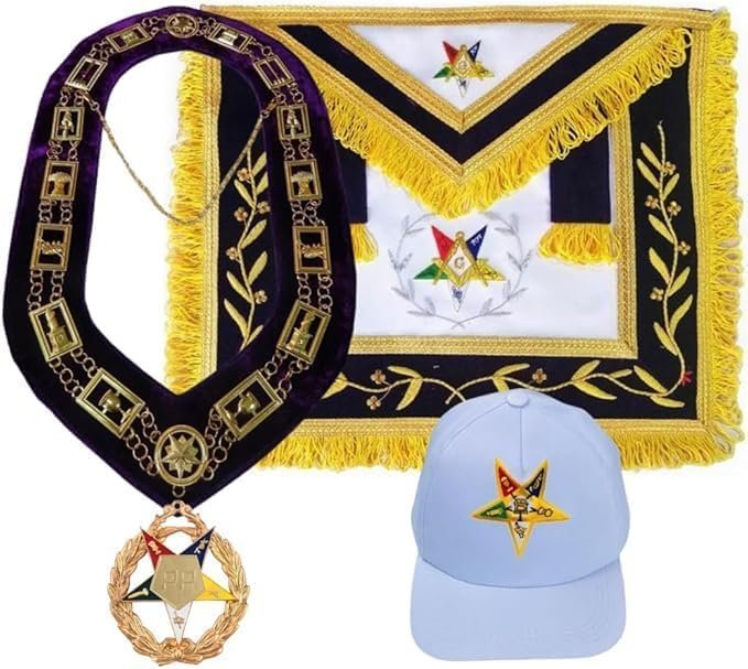 Worthy Patron OES Apron – Gold & Silver Bullion Wire Hand Embroidery OES Chain Collar Jewel With Cap