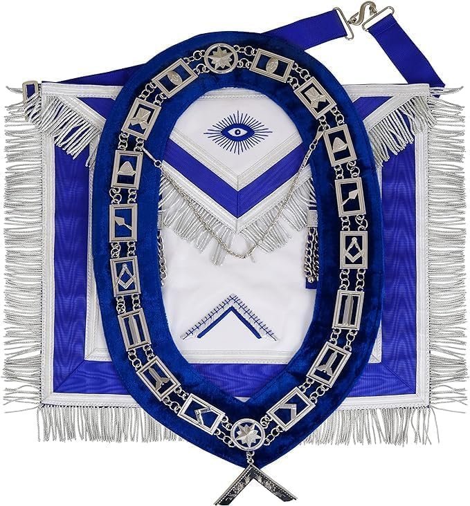 Masonic Blue Lodge Officer Worshipful Apron Silver Fringe Silver-Plated Chain Collar and Jewel