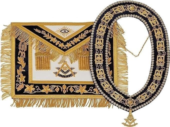 Masonic Regalia Past Master Masons Officer Apron Hand Embroidered Navy Blue & Chain Collar with Past Master Jewel