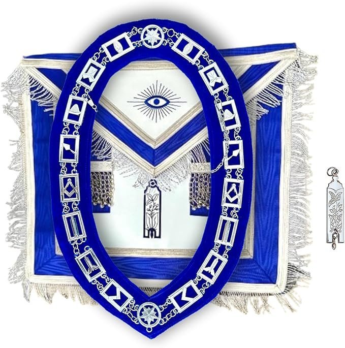 Masonic Blue Lodge Junior Warden Apron Silver Fringe, Silver Chain Collar Free Jewel