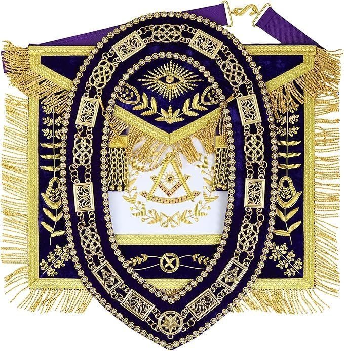 Grand Lodge Masonic Apron 100% Lambskin Leather Hand Embroidered Golden Bullion Wire Thread, Fringe Past Master Mason Aprons And Chain Collar Set Square & Compass, Bullion, purple