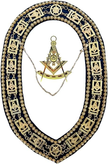 Masonic Regalia Past Master Chain Collar, Masonic Golden Past Master Collar Rhinestones, Past Master Blue Collar + Jewel