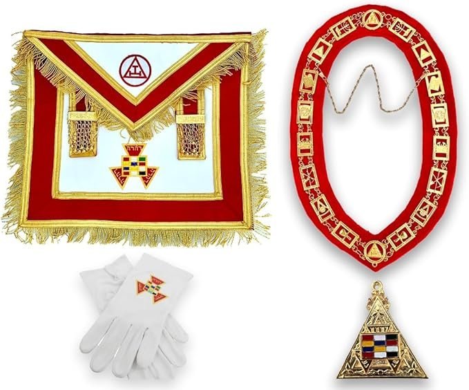 Masonic Regalia Royal Arch Full Dressed Apron Set – Apron, Chain Collar, Gloves, Jewel, Red, 15 X 17
