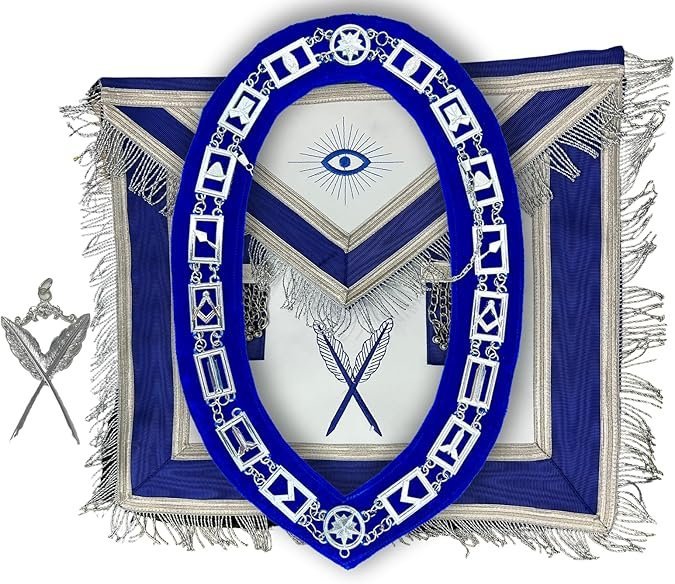 Masonic Secretary Master 100% Lambskin Apron Blue With Chain Collar Free Jewel, Standard