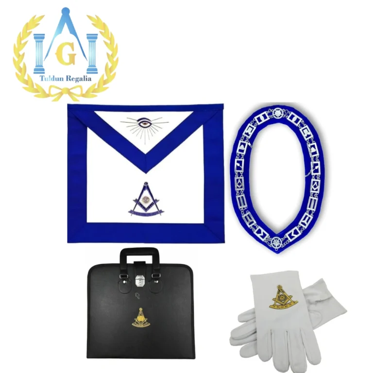 Masonic Regalia Past Master Apron, Blue Lodge Officer Chain Collar, Case and Gloves Set