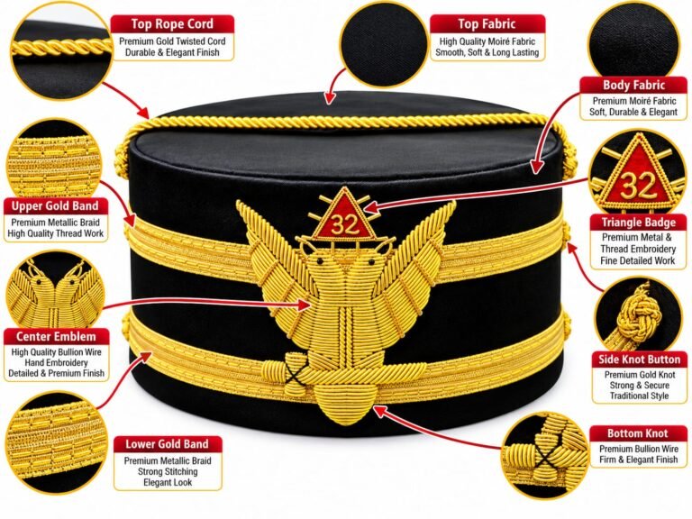 Masonic Regalia 32 Degree Scottish Rite Crown Cap – Bullion Wire Golden Wings Up Symbol – Masonic Black Crown Cap