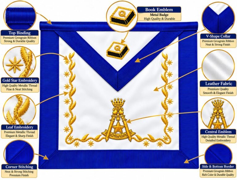Masonic Scottish Rite 14th Degree Apron – Bullion Wire Golden Embroidery – Premium Leather Apron