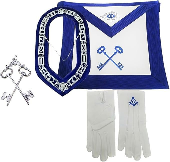Masonic Regalia Blue Lodge Treasurer Officer Apron set gloves chain collar, 14 x 16