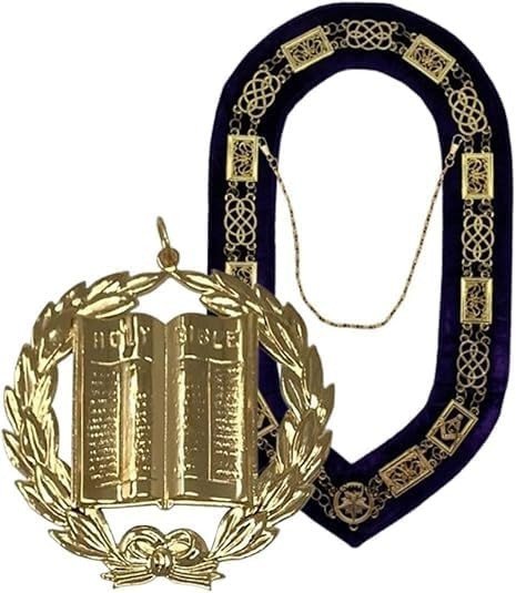 Masonic Regalia Grand Lodge Officer Chain Collar Gold chain Purple Backing With Masonic Grand Lodge Chaplain Gold Jewel (customizable)