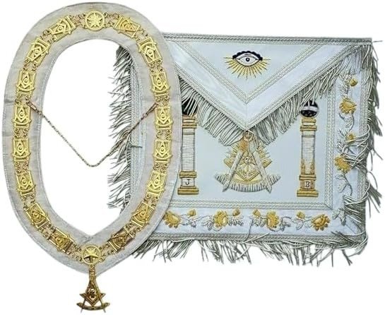Masonic Regalia Apron Hand Bullion Embroidered Past Master Collar Chain White, Free Size