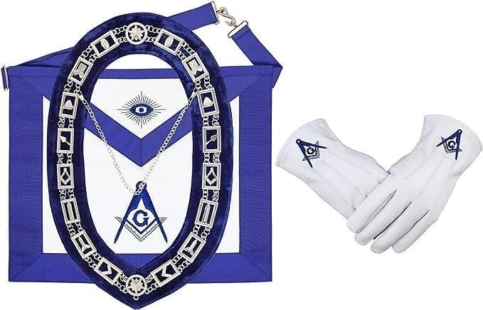 MASONIC BLUE LODGE MASTER MASON 100% LAMBSKIN APRON & WORKING TOOLS CHAIN COLLAR WITH MASTER MASON BLUE LODGE 100% LAMBSKIN GLOVE- HAND MADE, Standard