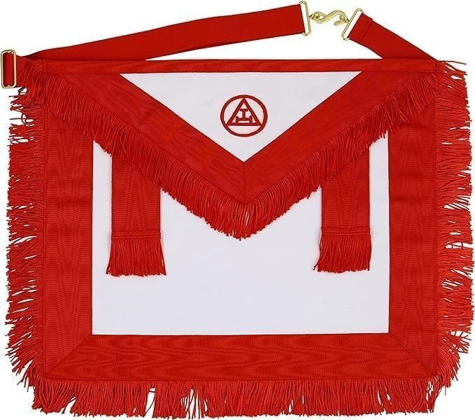 Masonic Royal Arch Member Ram 100% Lambskin Leather Mason Apron Hand Embroidered with Red Fringe, Polyester Grosgrain Ribbon Border